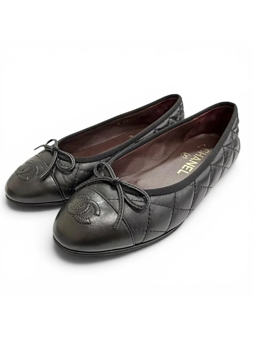Chanel CC Logo Ribbon Quilted Leather Flat Pumps Black 35 Italian